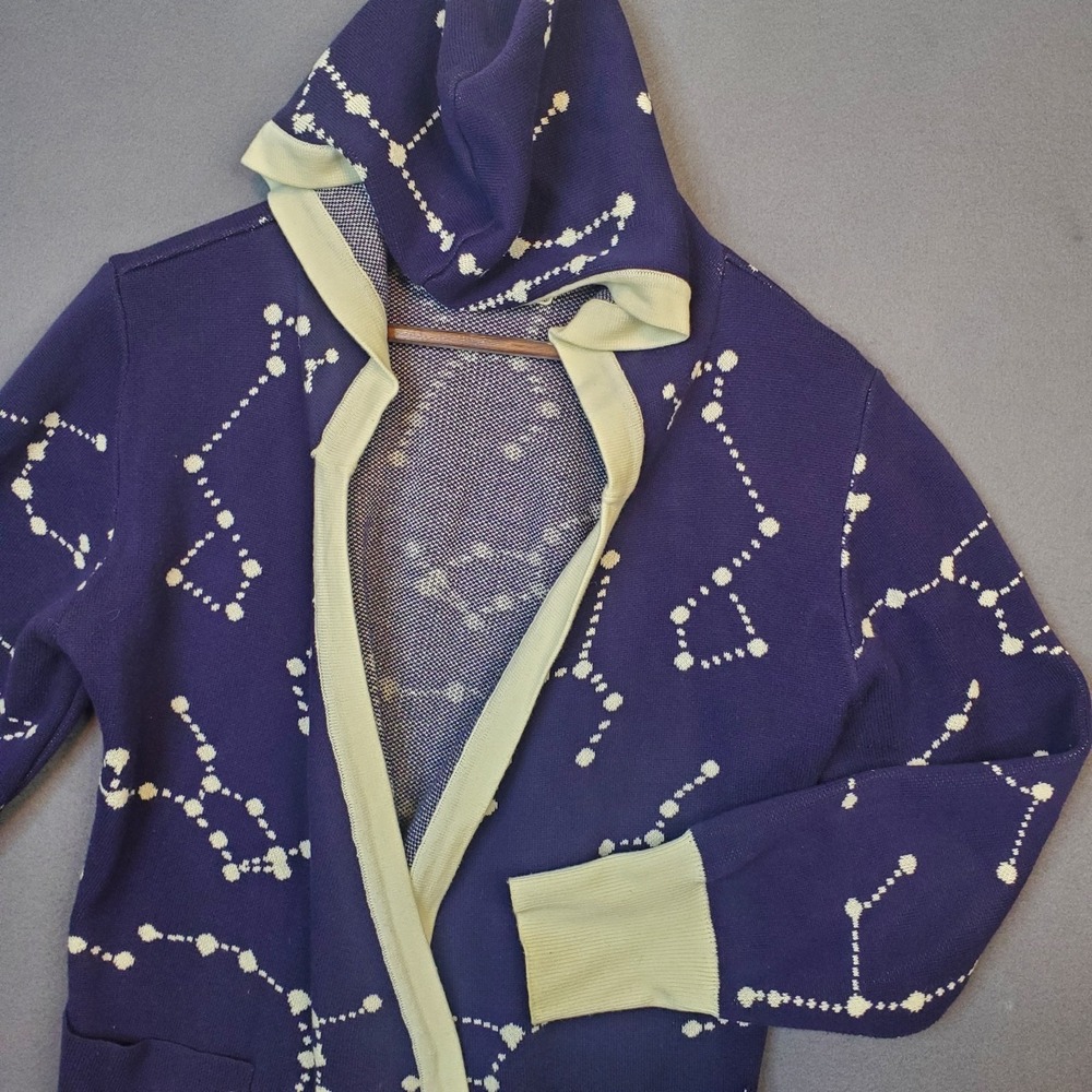 Think Geek Constellations Cardigan Woman's Small Horoscope Hood Blue White Heavy
